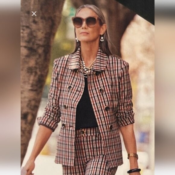 Cabi Jazzy Toffee Plaid Rust Ivory Black Jacket Size L - Picture 2 of 8